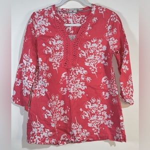 Boden 100% Linen and Macrame Top in Coral & White Floral Design - Size 8R